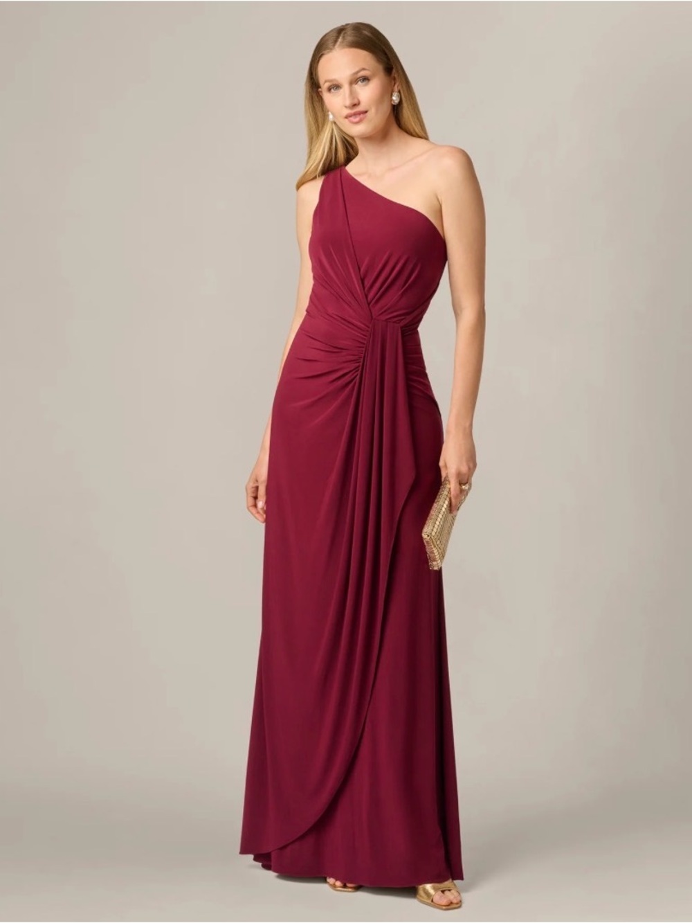 Adrianna Papell Burgundy One-Shoulder Draped Gown